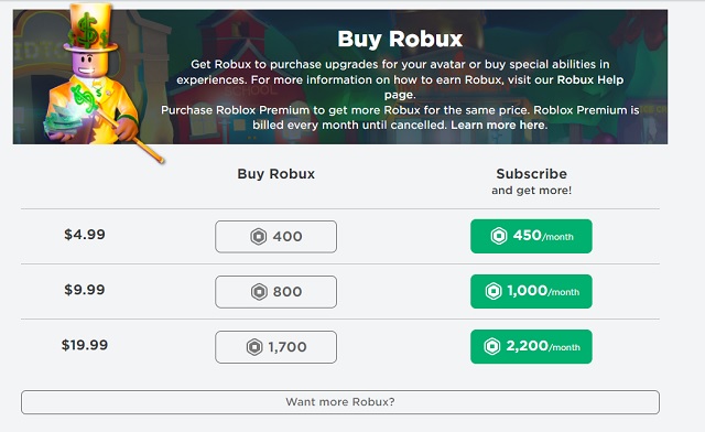 Robux పేజీని కొనుగోలు చేయండి